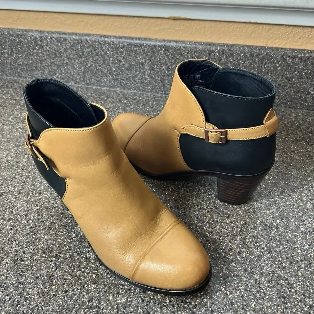 Wolverine 1000 Mile Ankle Bootie Block Heel Tan Black Leather Womens 8.5 Slip On